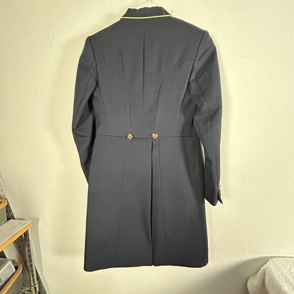 PFIFF Double-Breasted Dress Coat Jacket with Faux Leather Skirt Size 36 Navy - Picture 2 of 11